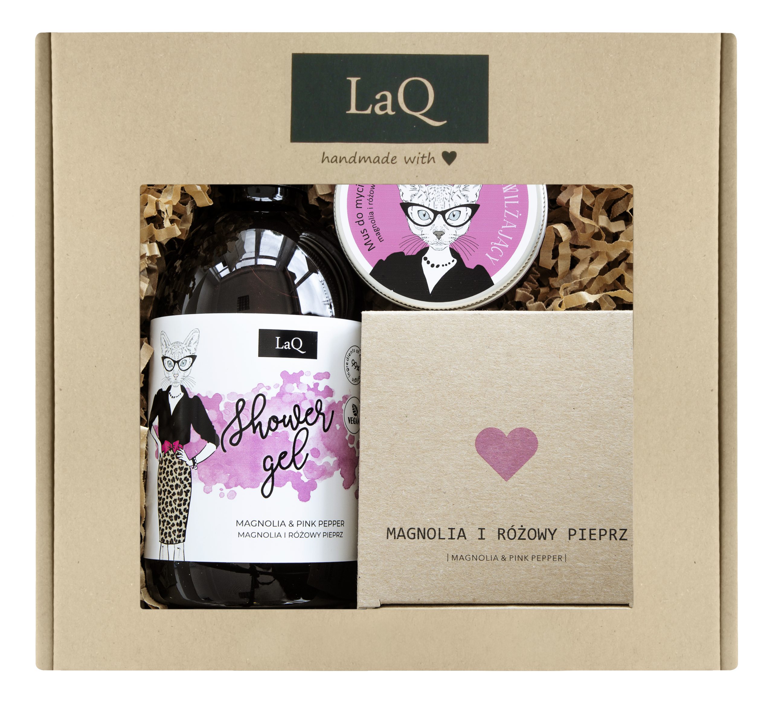 LaQ zestaw Kicia Magnolia: żel 500 ml + masło do ciała 200 ml + mus do mycia twarzy