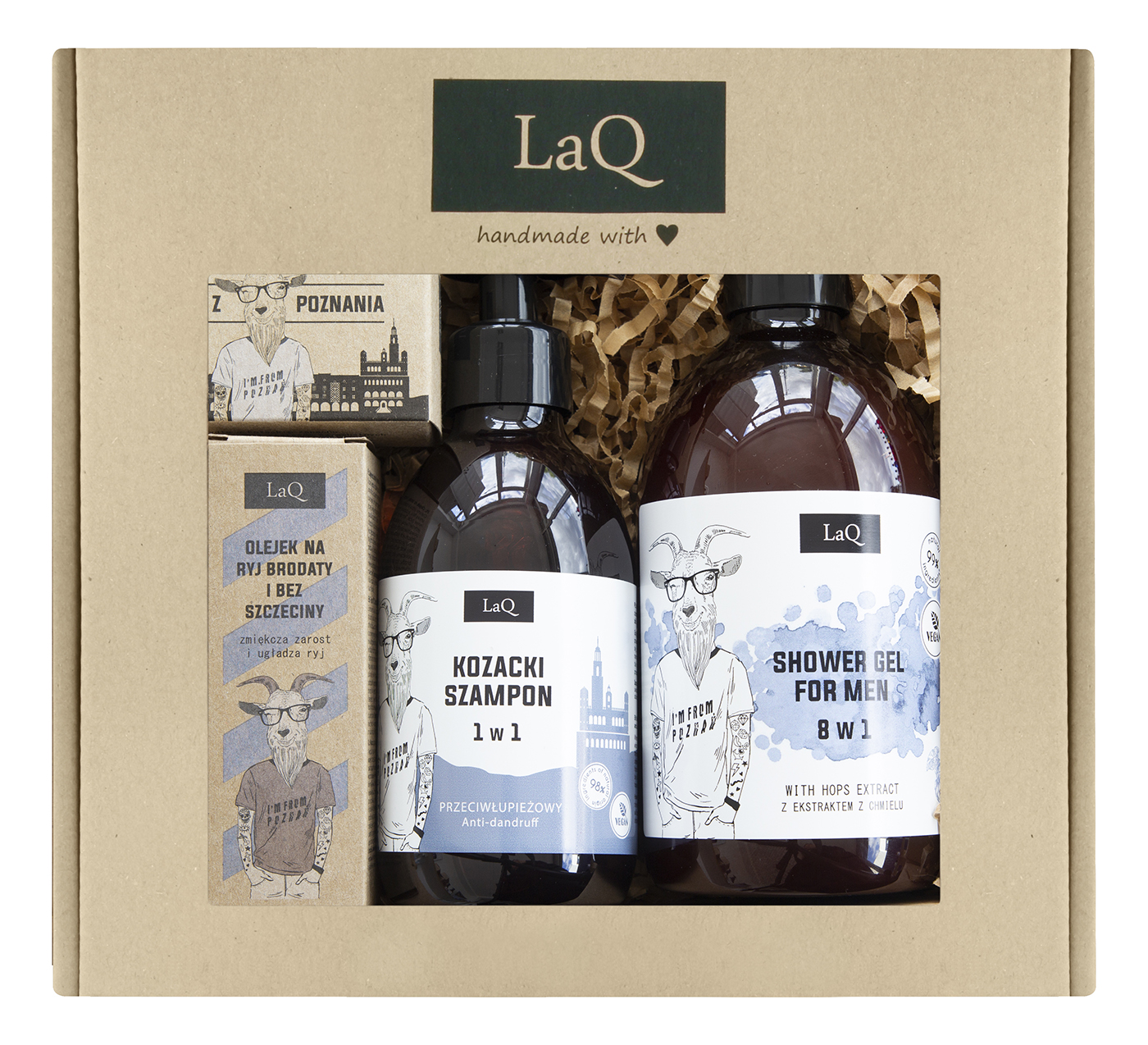 LaQ zestaw Kozioł: żel po prysznic 500 ml + szampon 300 ml + olej 30 ml + kostka