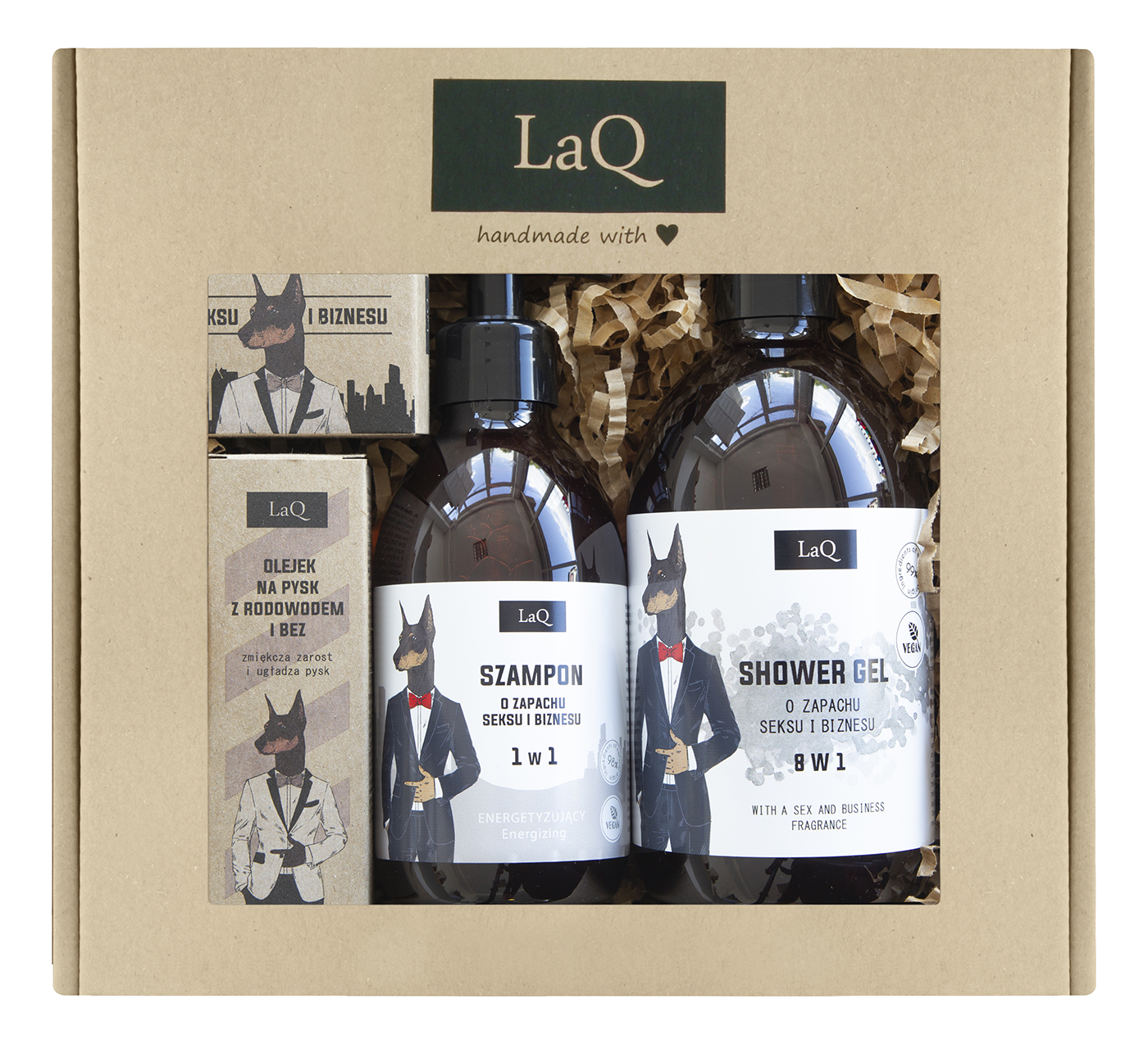LaQ zestaw Doberman: żel 500 ml + szampon 300 ml + olej 30 ml + kostka