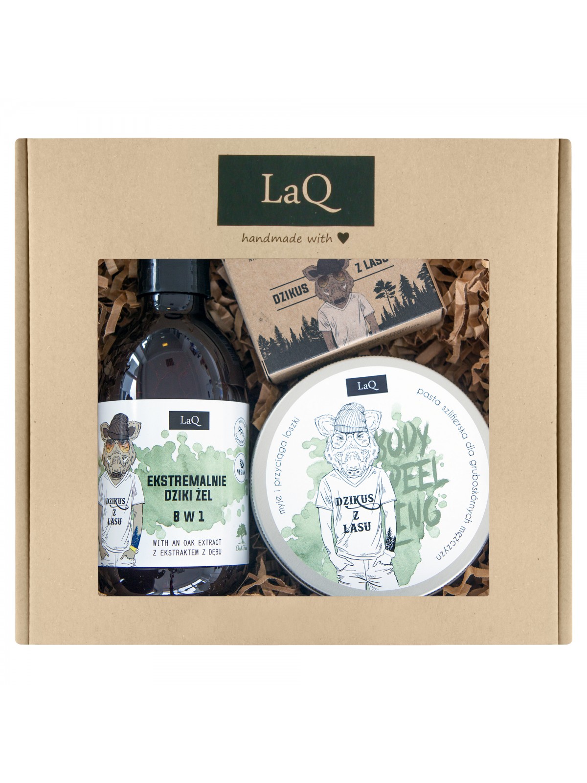 LaQ Zestaw DZIKUS Z LASU: Żel pod prysznic 300 ml + peeling+mydło