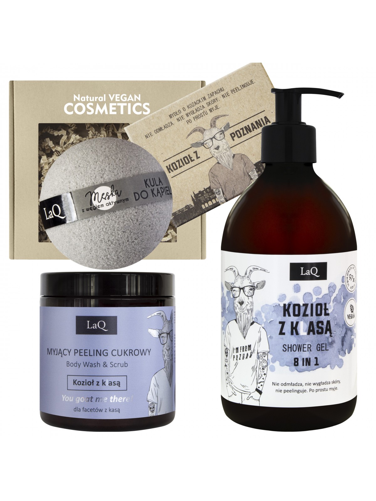 LaQ Zestaw: Żel + peeling + mydło kostka + kula do kąpieli KOZIOŁ z kLasą